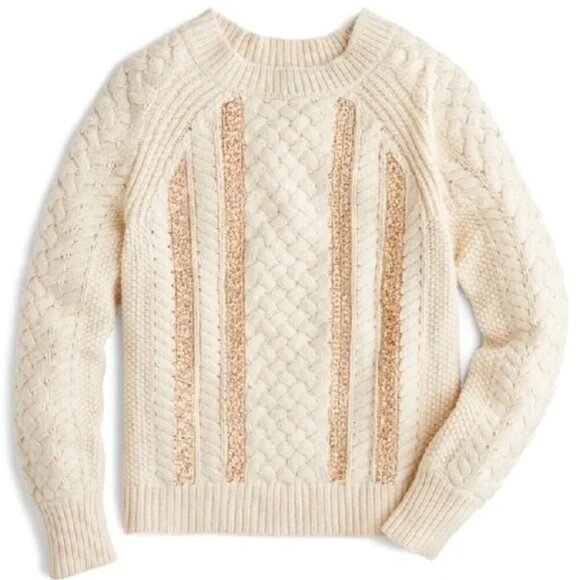 J. Crew Cable Knit Sequin Sweater M Merino Wool Ivory Gold - Picture 1 of 6